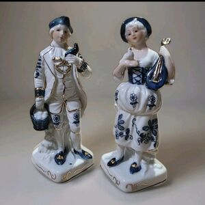 Vintage Blue and White Figurines 24k Gold Pair
